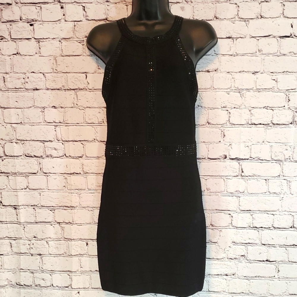 Bebe Black Cocktail Dress Sleeveless Black Studs Size M EUC
